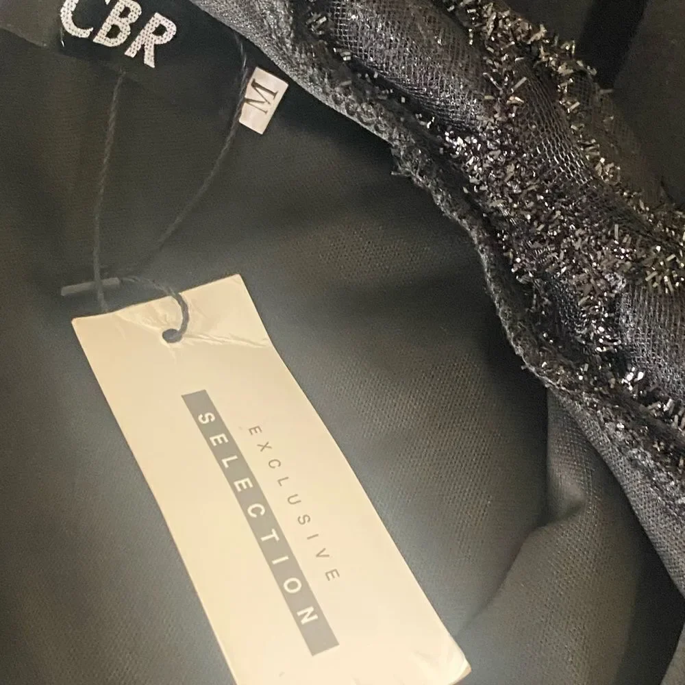 New CBR Black Fitted Festive Party Dress. Sparkly Flocked Fabric Over Lace. M